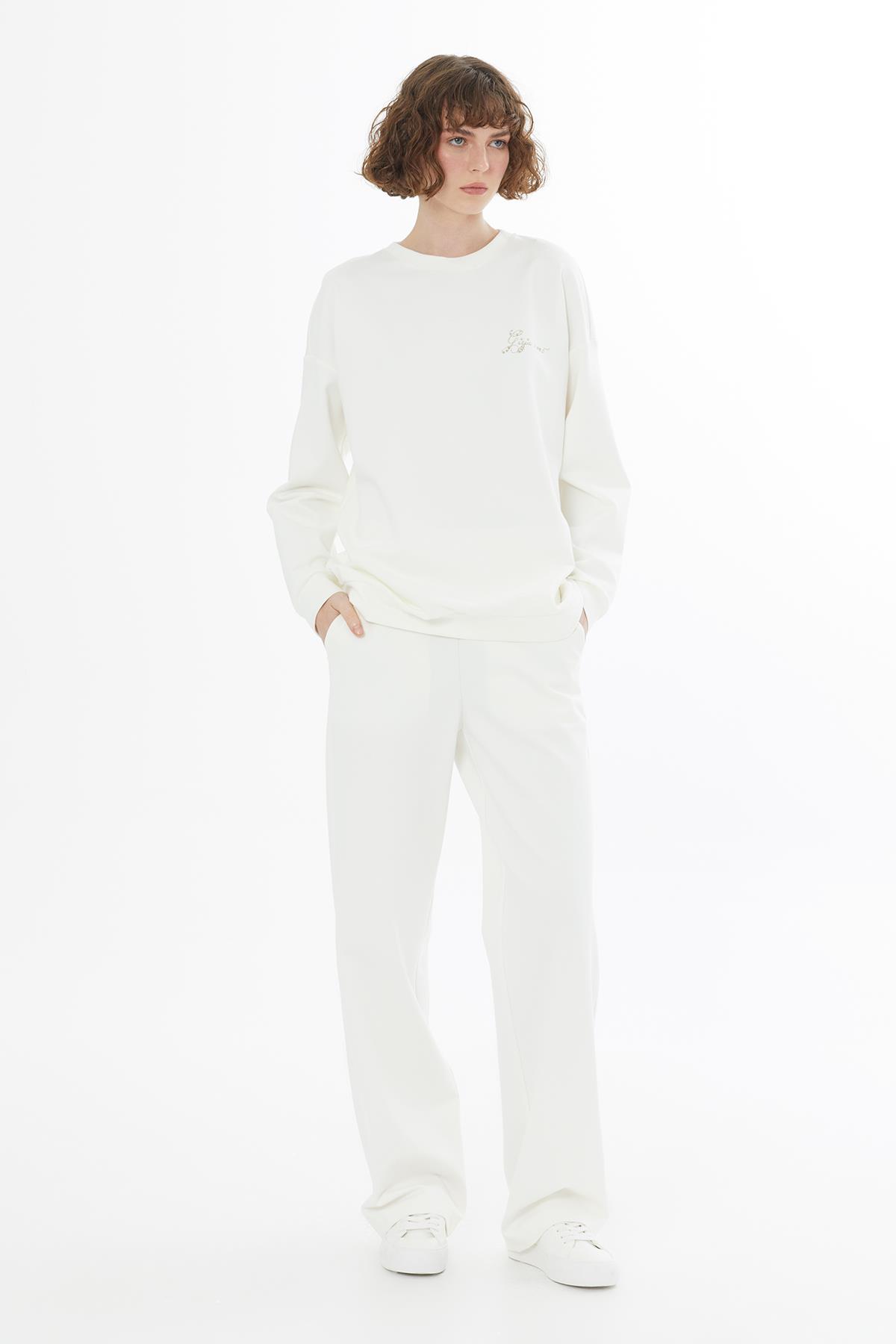 Nakışlı Yapıştırma Taşlı Siyah Eşofman Üstü