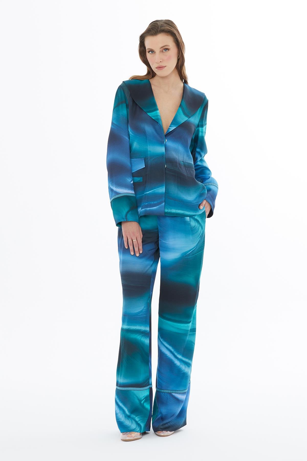 Şal Yaka Mavi Turkuaz Desenli Bluz