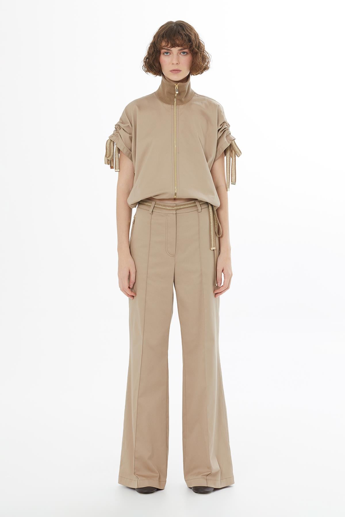 Şerit Triko Bağlamalı Bej Pantolon