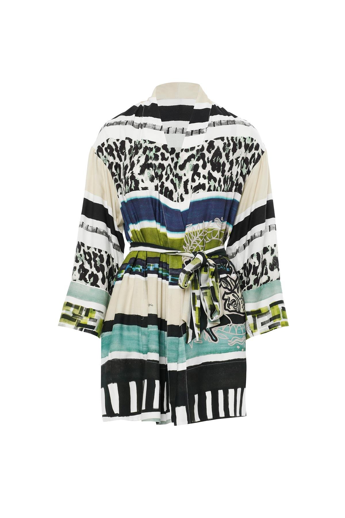 Seyyar Kuşaklı Baskı Desenli Kimono