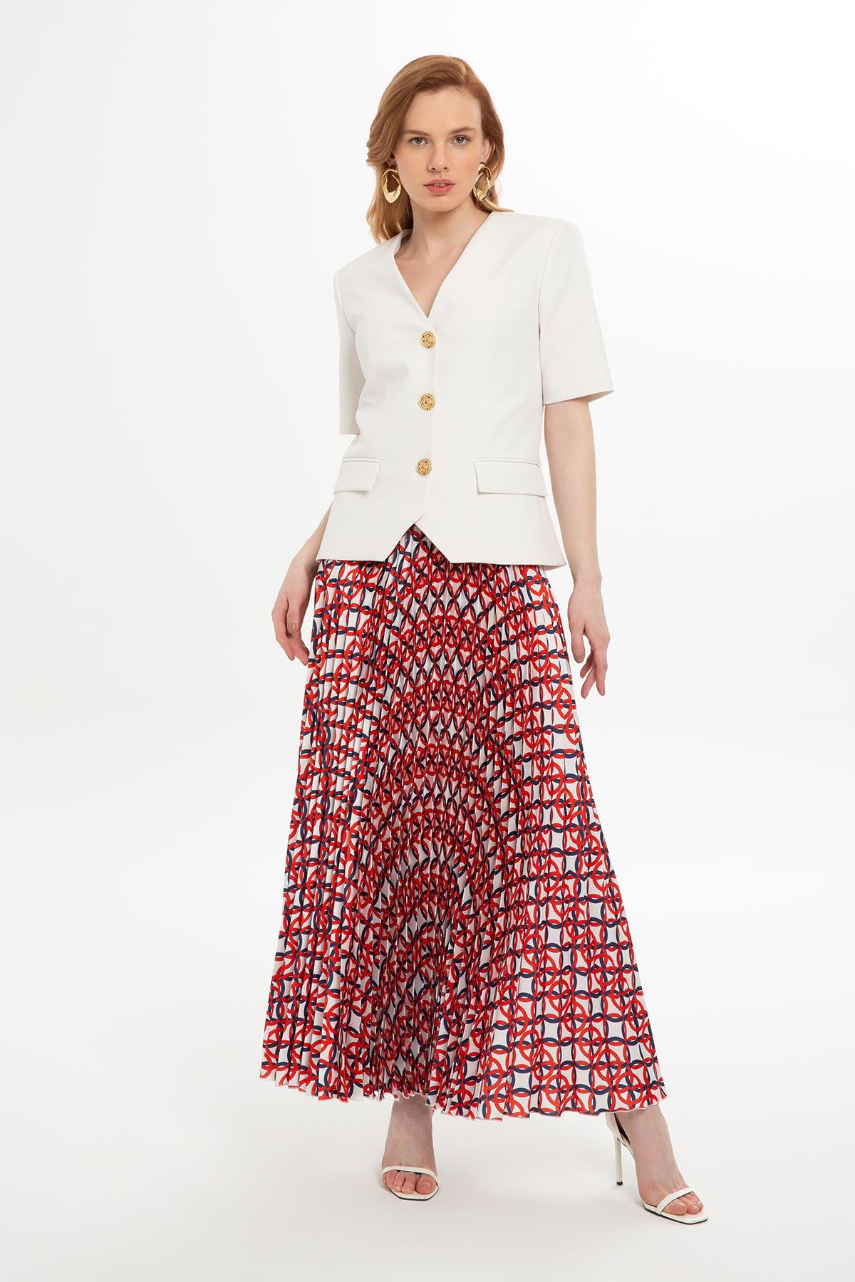 Yarım Kollu V Yaka Ceket Ve Pliseli Etekli Ekru Takım