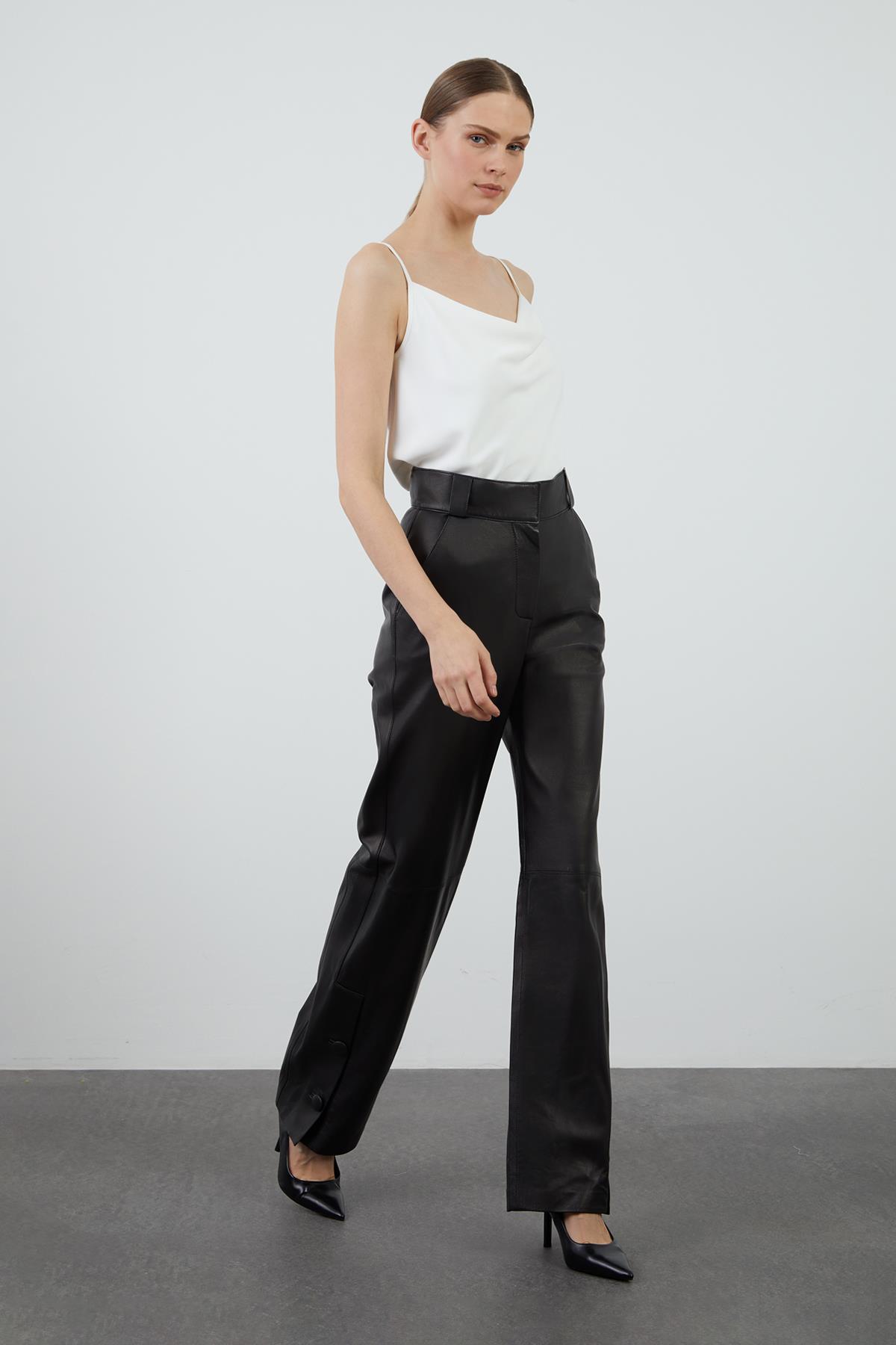 Yüksek Bel Paçaları Düğmeli Palazzo Deri Pantolon