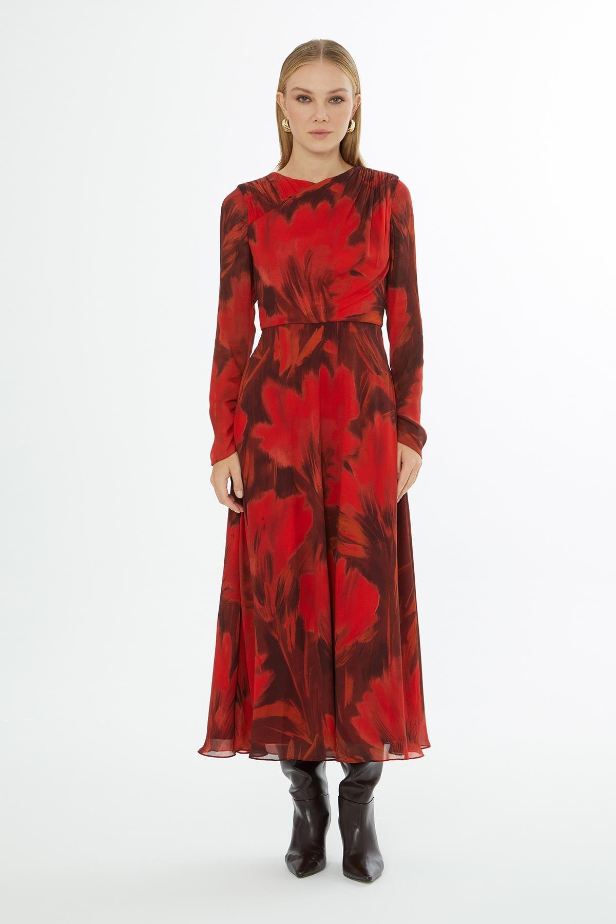 Yuvarlak Yaka Fermuar Kapama Omuzdan Büzgülü Elbise