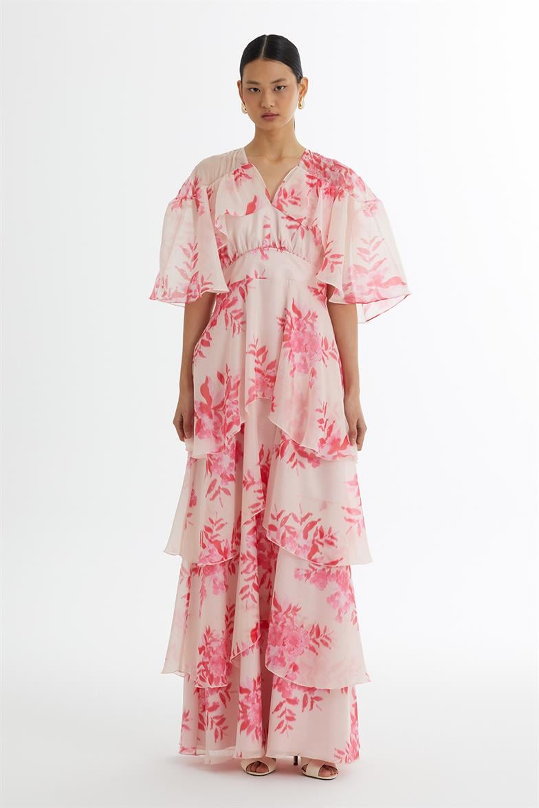 İşlemeli Desenli Volanlı Pembe Elbise