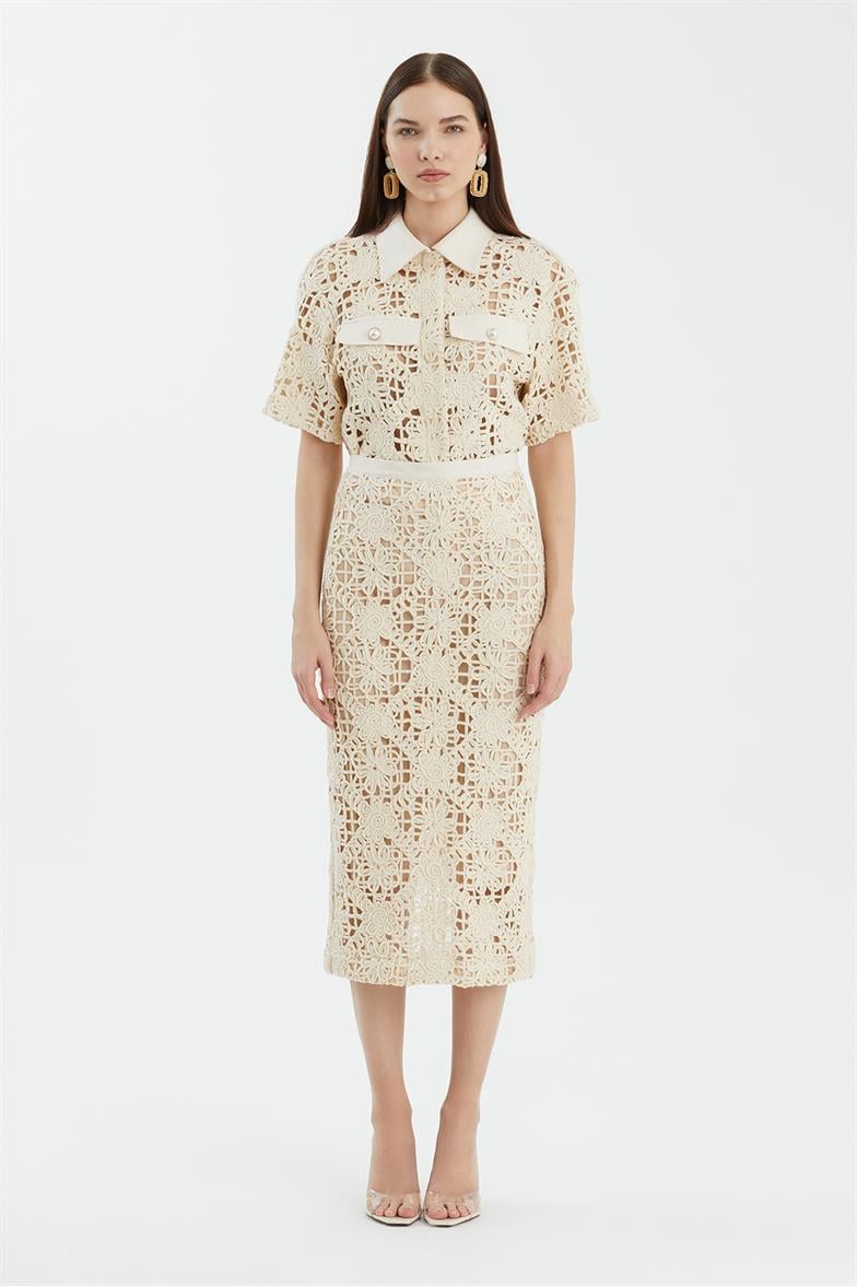 Yırtmaçlı Midi Ekru Kalem Etek