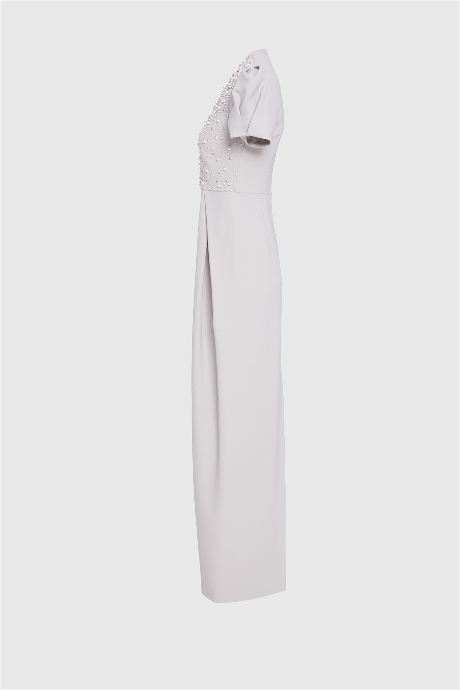 V-Neck Stone Pearl Embroidered Long Gray Evening Dress V-Neck Stone Pearl Embroidered Long Gray Evening Dress