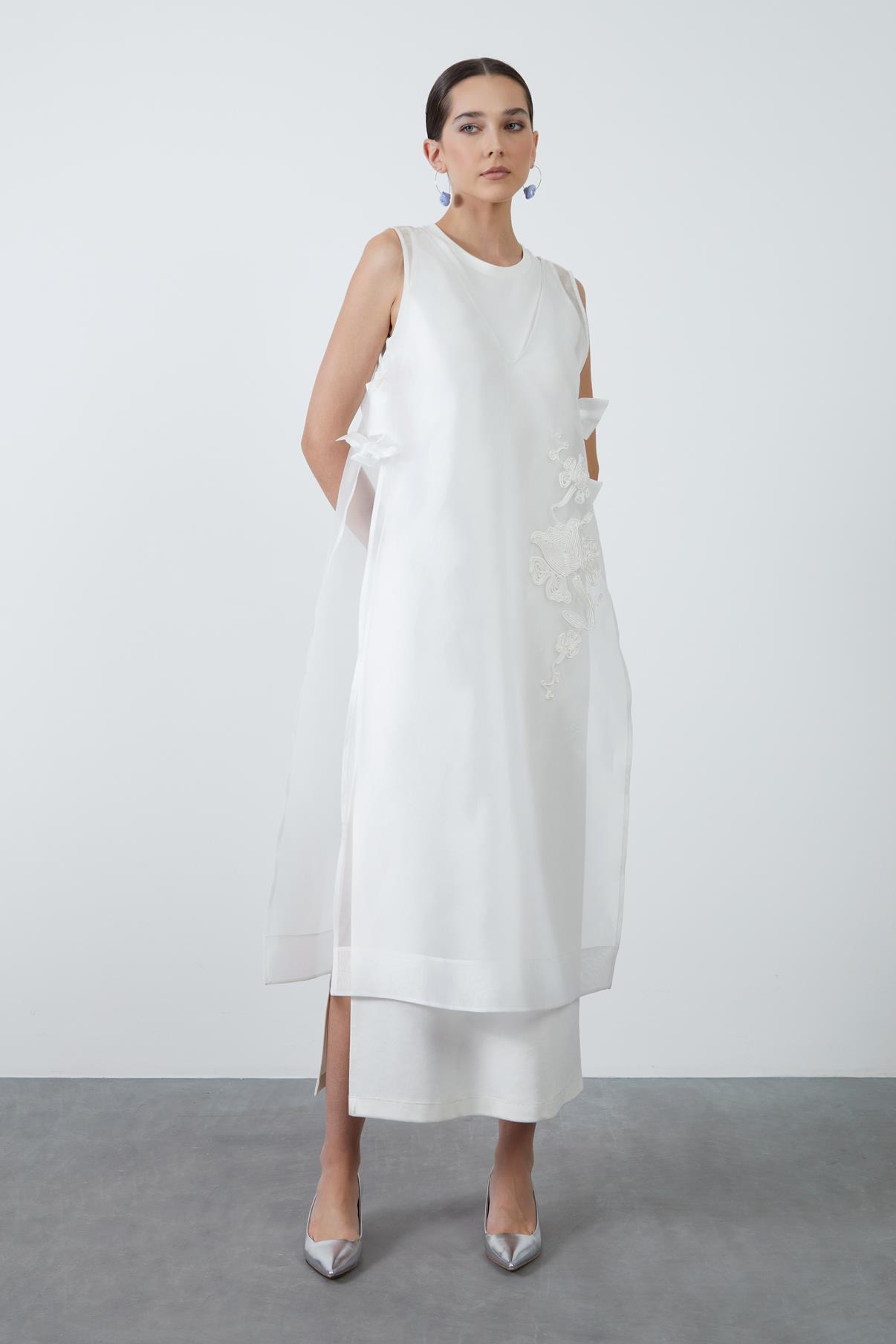 Ecru Layered Midi Dress with Bone Button Closure