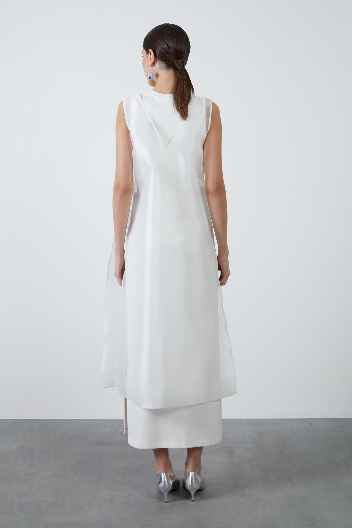 Ecru Layered Midi Dress with Bone Button Closure