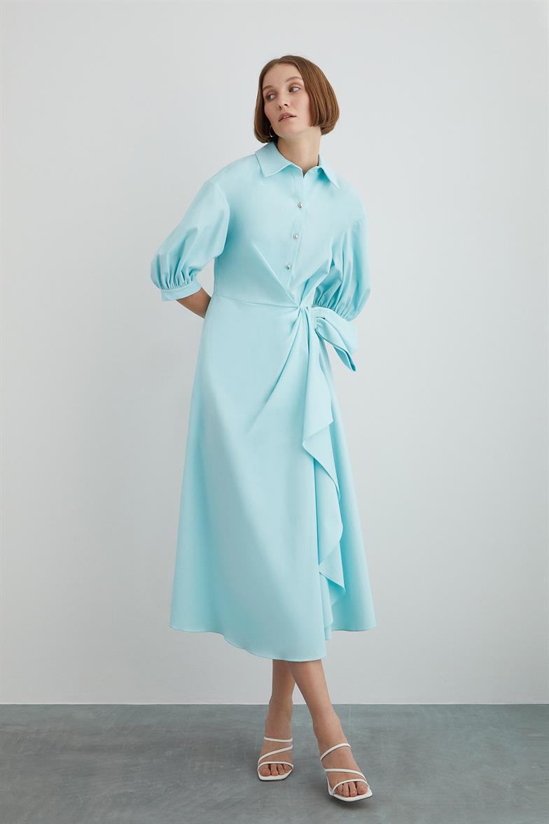 Mint Green Dress With Gold Buttons With Half Bow Detail With Shirring  Sleeves