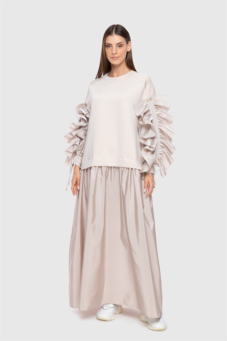 Flywheel Contrast Fabric Garnish Black Long Dress