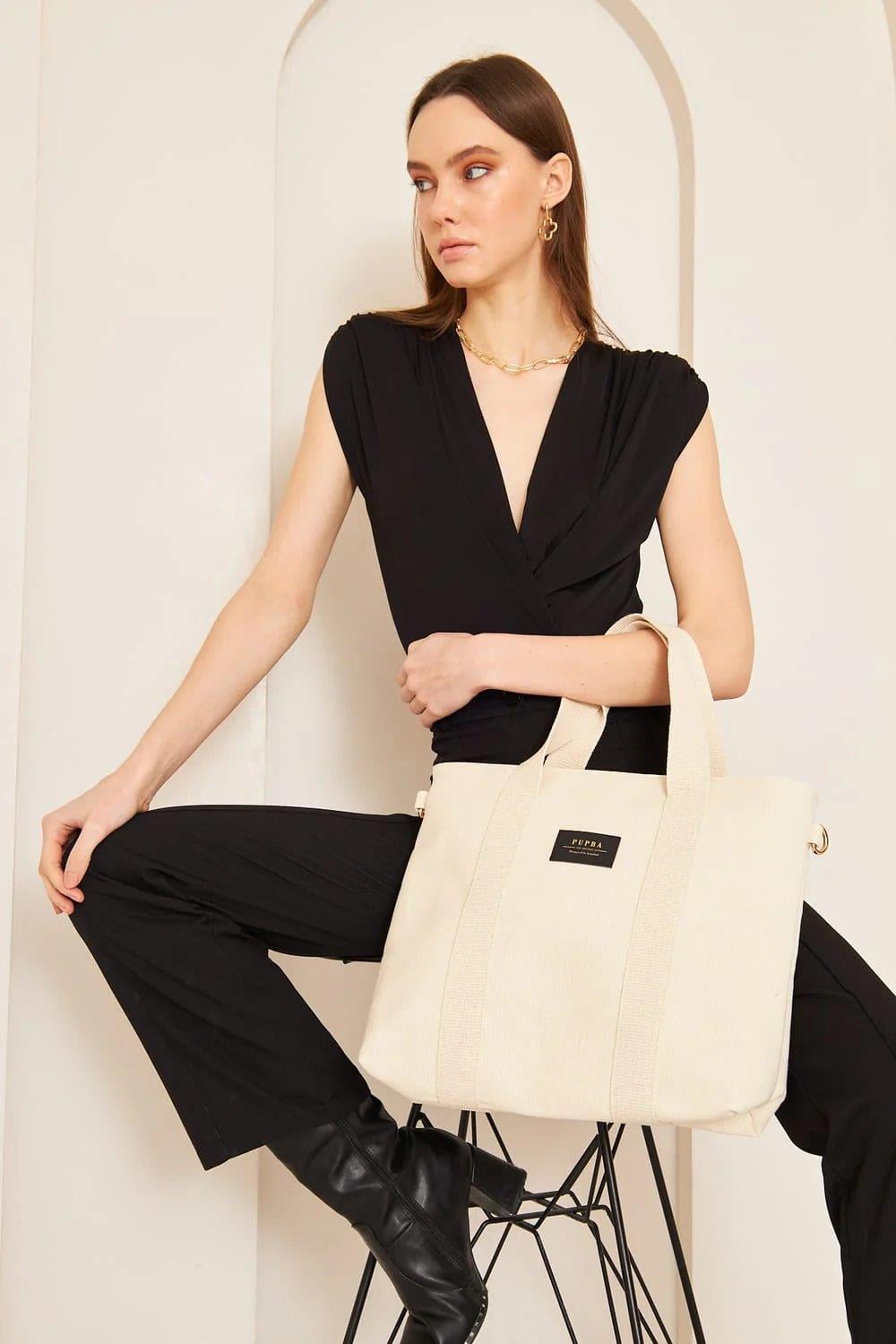 Pupba Omuz Çantası Yaga Large Tote Bag Krem