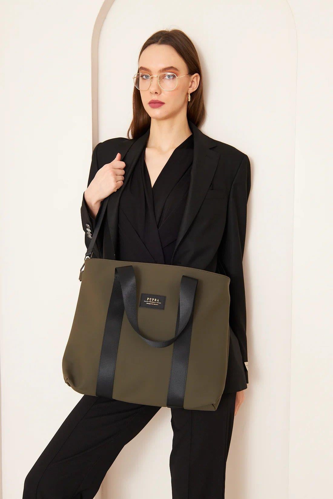 Pupba Omuz Çantası Yaga Large X Tote Bag Deri Haki