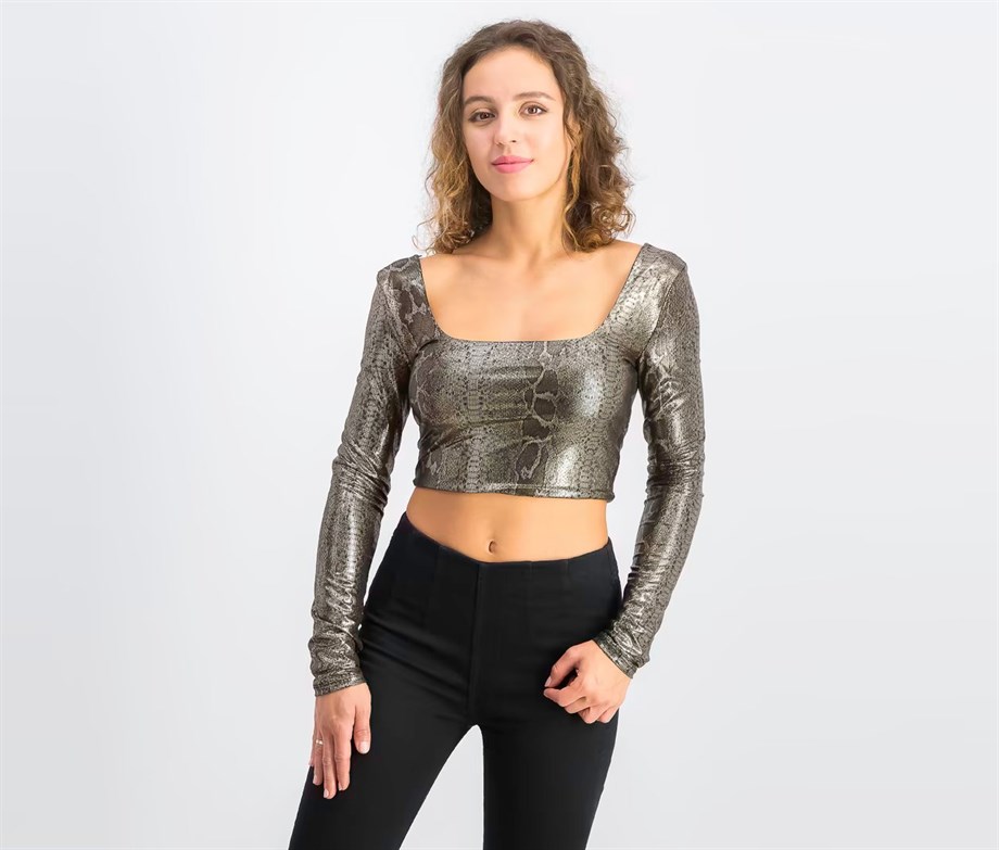 Bershka Crop Top Metalik Altın / Siyah