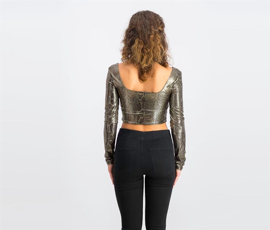 Bershka Crop Top Metalik Altın / Siyah