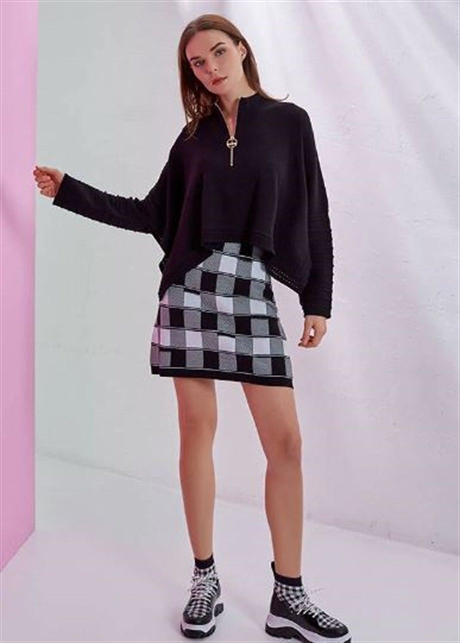 Knitss Triko Mini Etek Dama Desenli