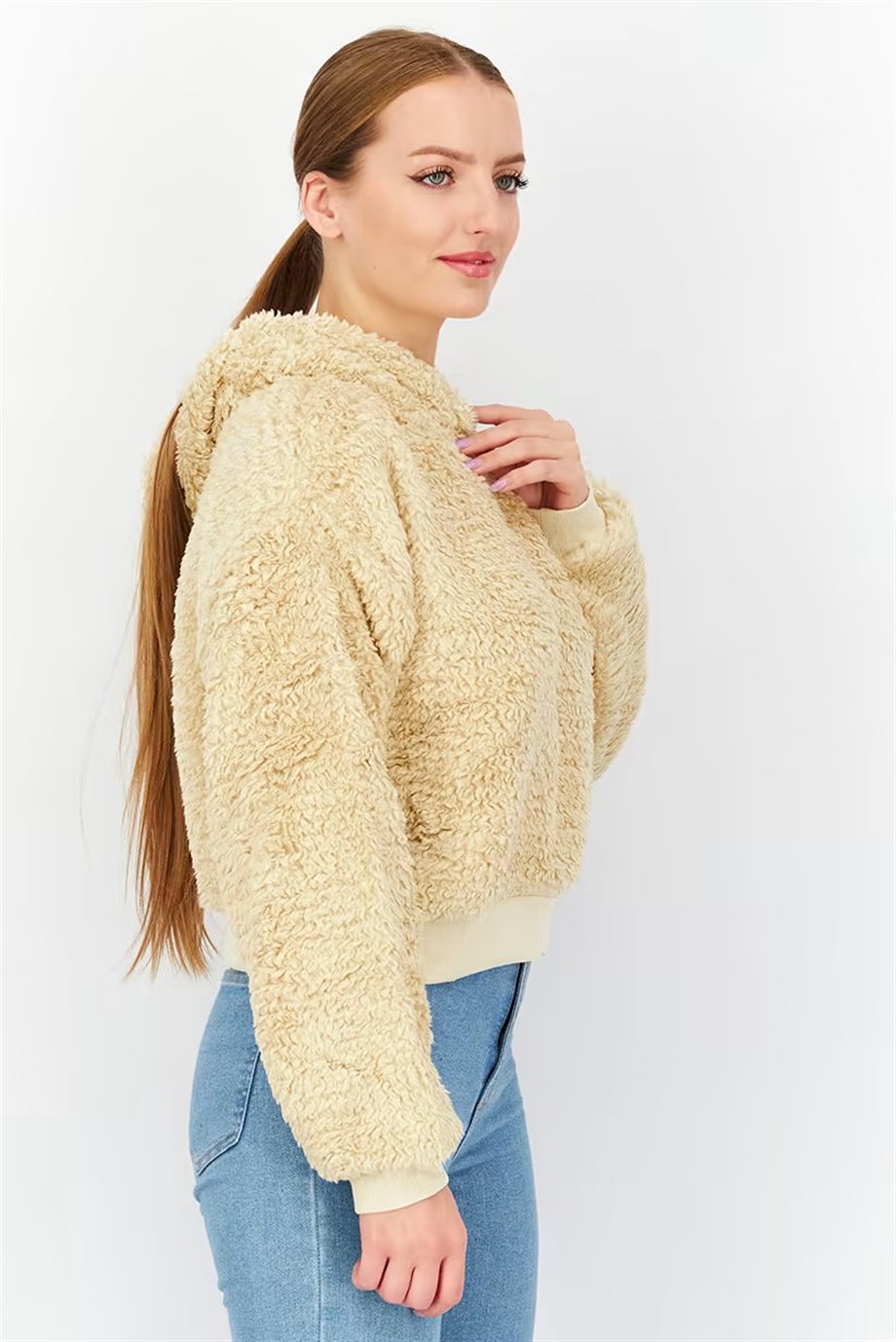Topshop Kapüşonlu Sweatshirt Peluş Bej