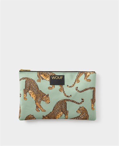 Wouf Clutch, El Çantası XLarge Pouch Bag Emerald Leopard