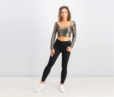 Bershka Crop Top Metalik Altın / Siyah