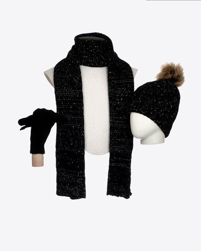 Kadın Eldiven, Atkı, Bere Takımı 3'lü Set Fussel Siyah_FO3090BL