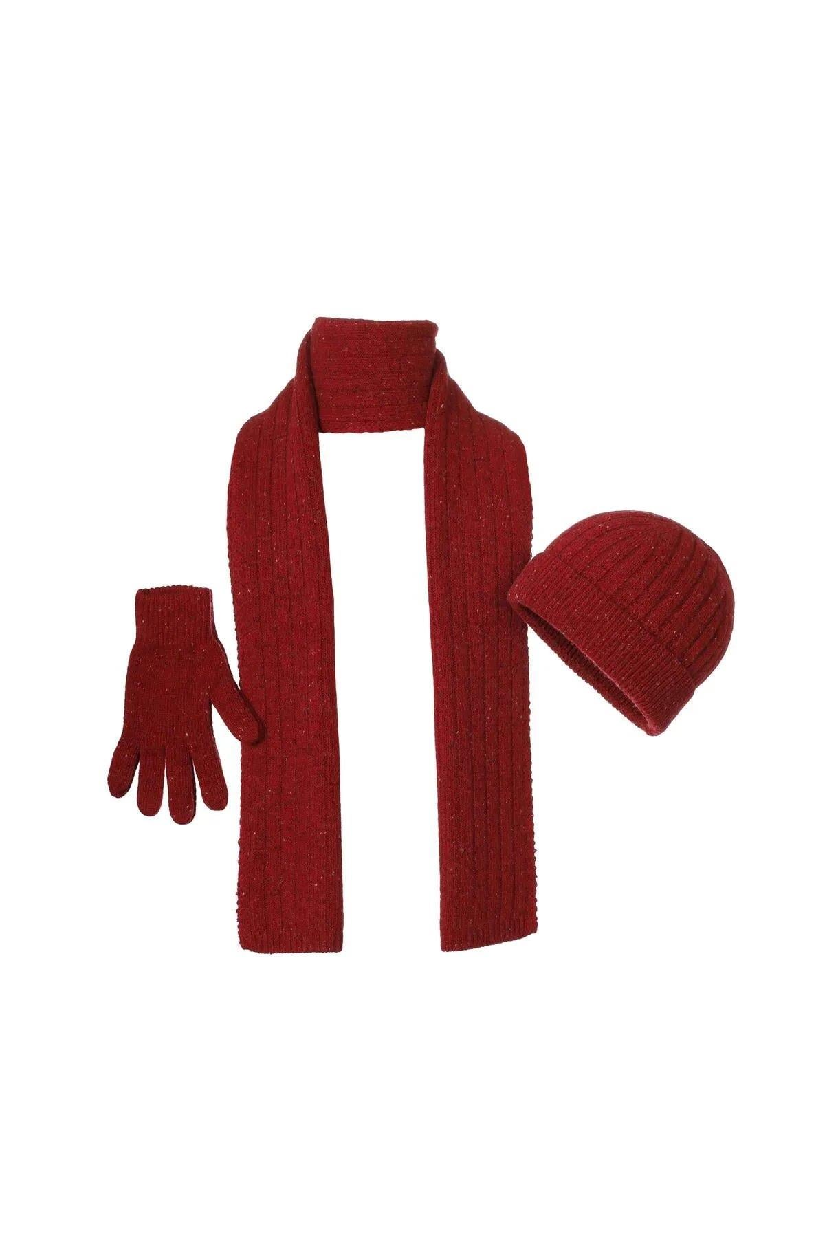 Unisex Eldiven, Atkı, Bere Takımı 3'lü Set Leysa Kırmızı_FO3092_RED