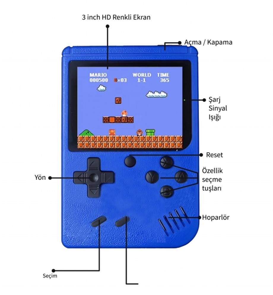 Retro 400 Nostalji Oyunlu Mini Atari Gameboy Oyun Konsolu Mavi