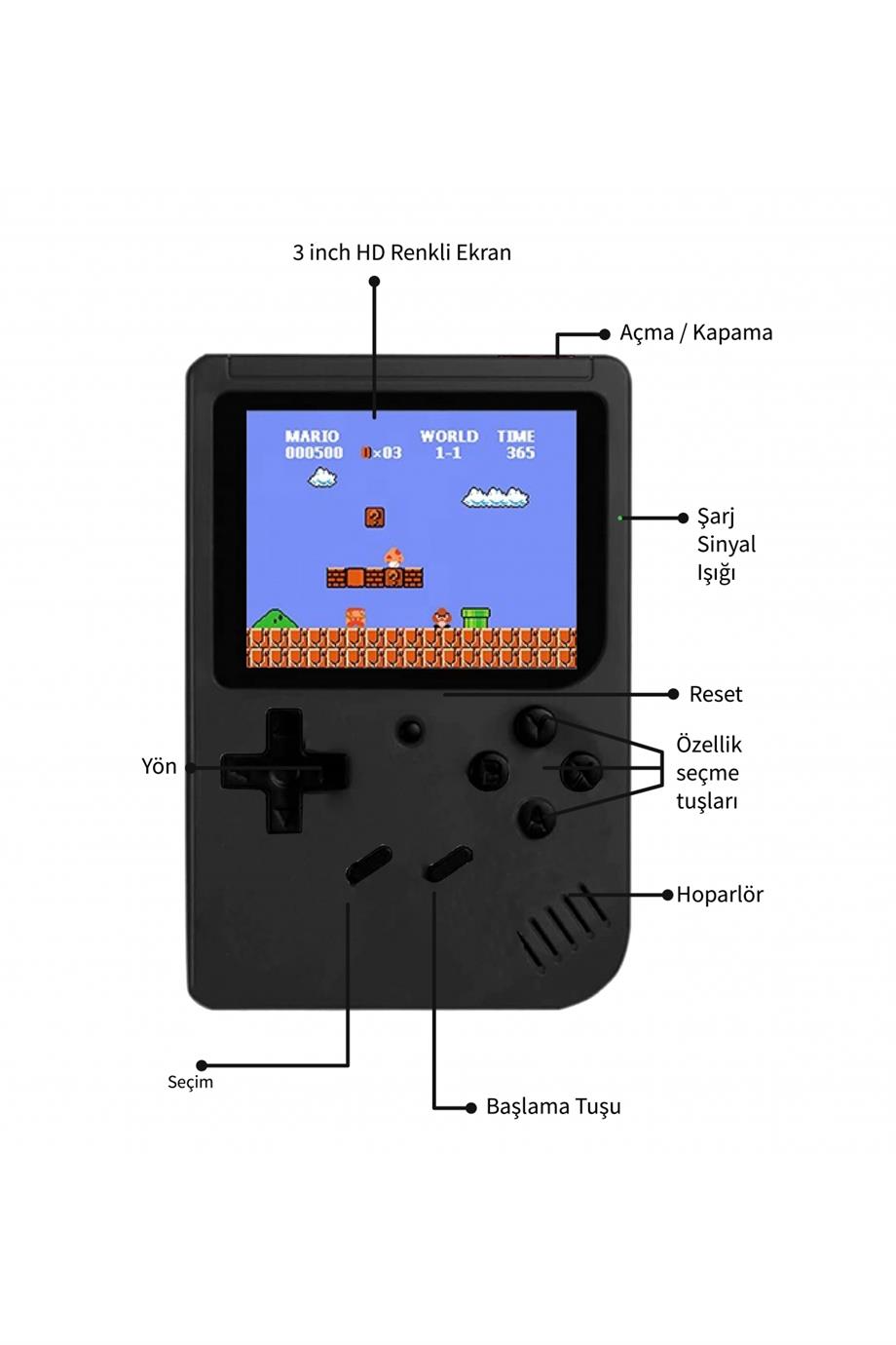Retro 400 Nostalji Oyunlu Mini Atari Gameboy & Gamebox Oyun Konsolu Siyah