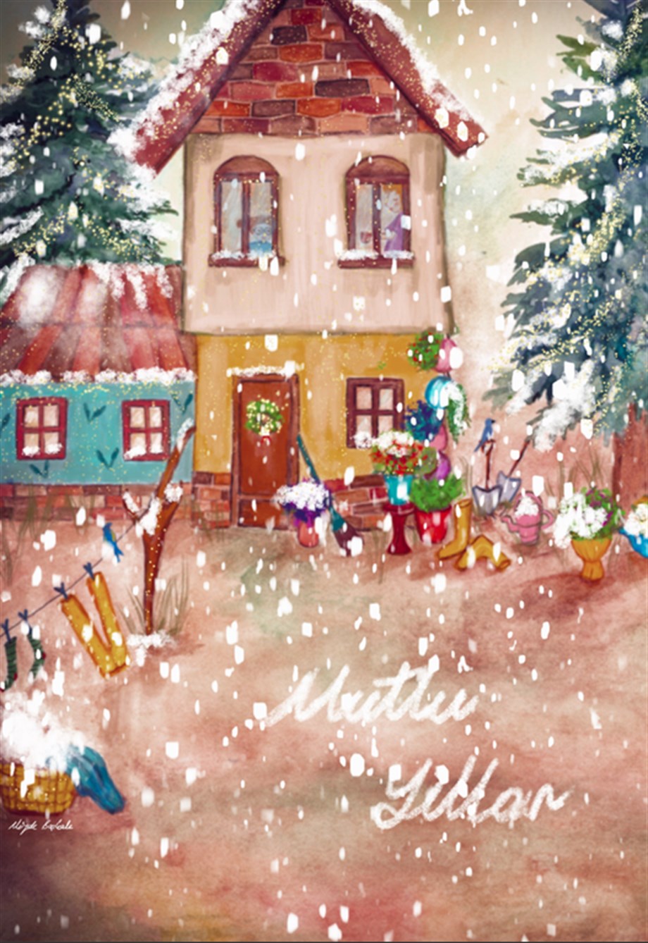 Şeyler Bulucu Tebrik Kartı, Kartpostal Renkli Ev Mutlu Yıllar_SBKART015