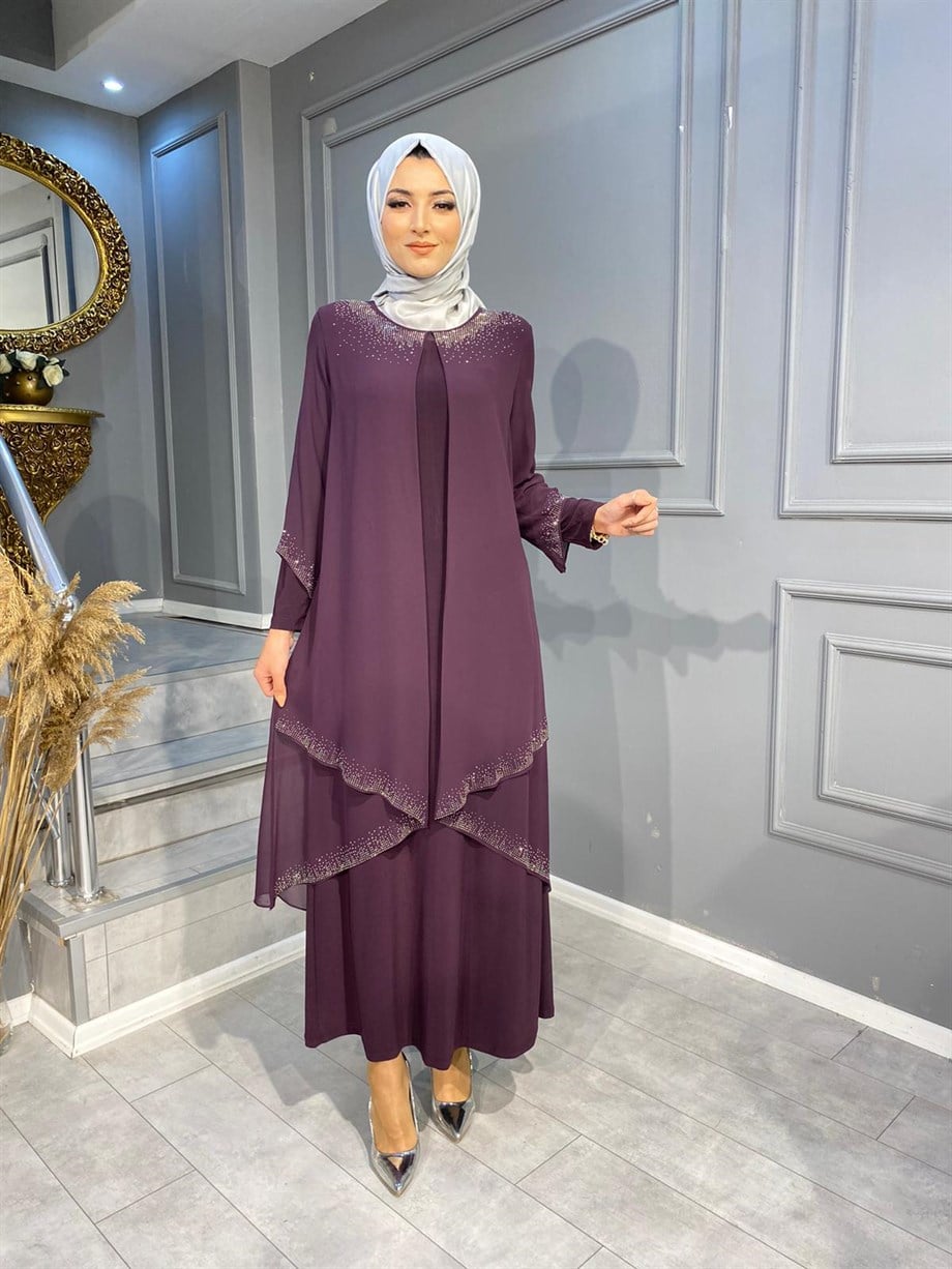 6236 ÖZEL TASARIM TAŞ İŞLEME DETAYLI ÖNÜ ŞİFON ABİYE