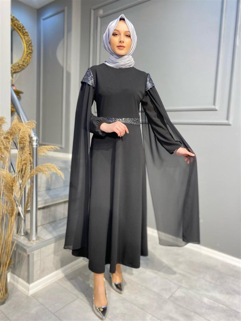 NEVON 0385 KOLLARI ŞİFON VE PAYETLİ ELBİSE