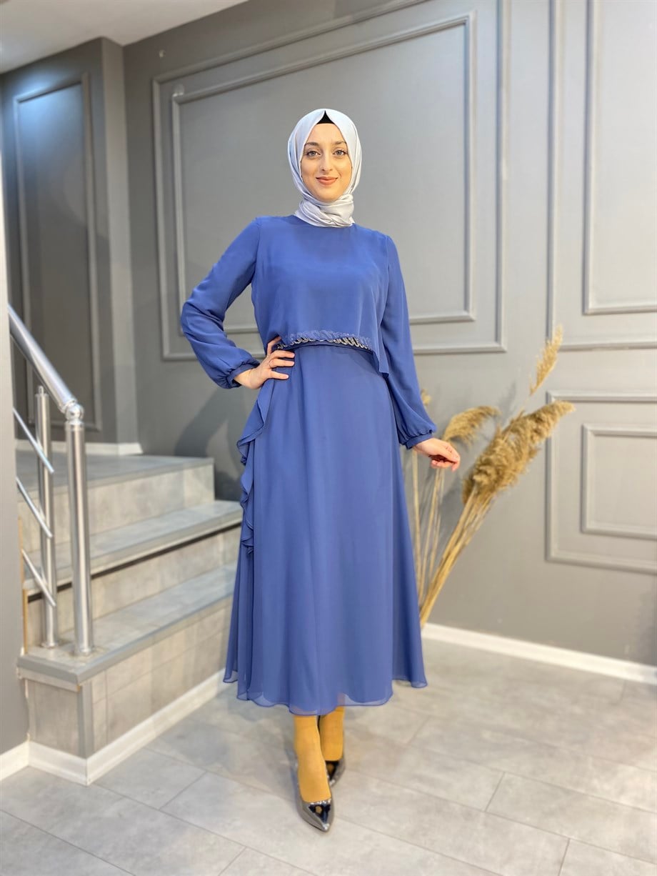 NEVON 21Y-3042 Taş İşleme Kemerli ve Fırfır Detaylı Elbise