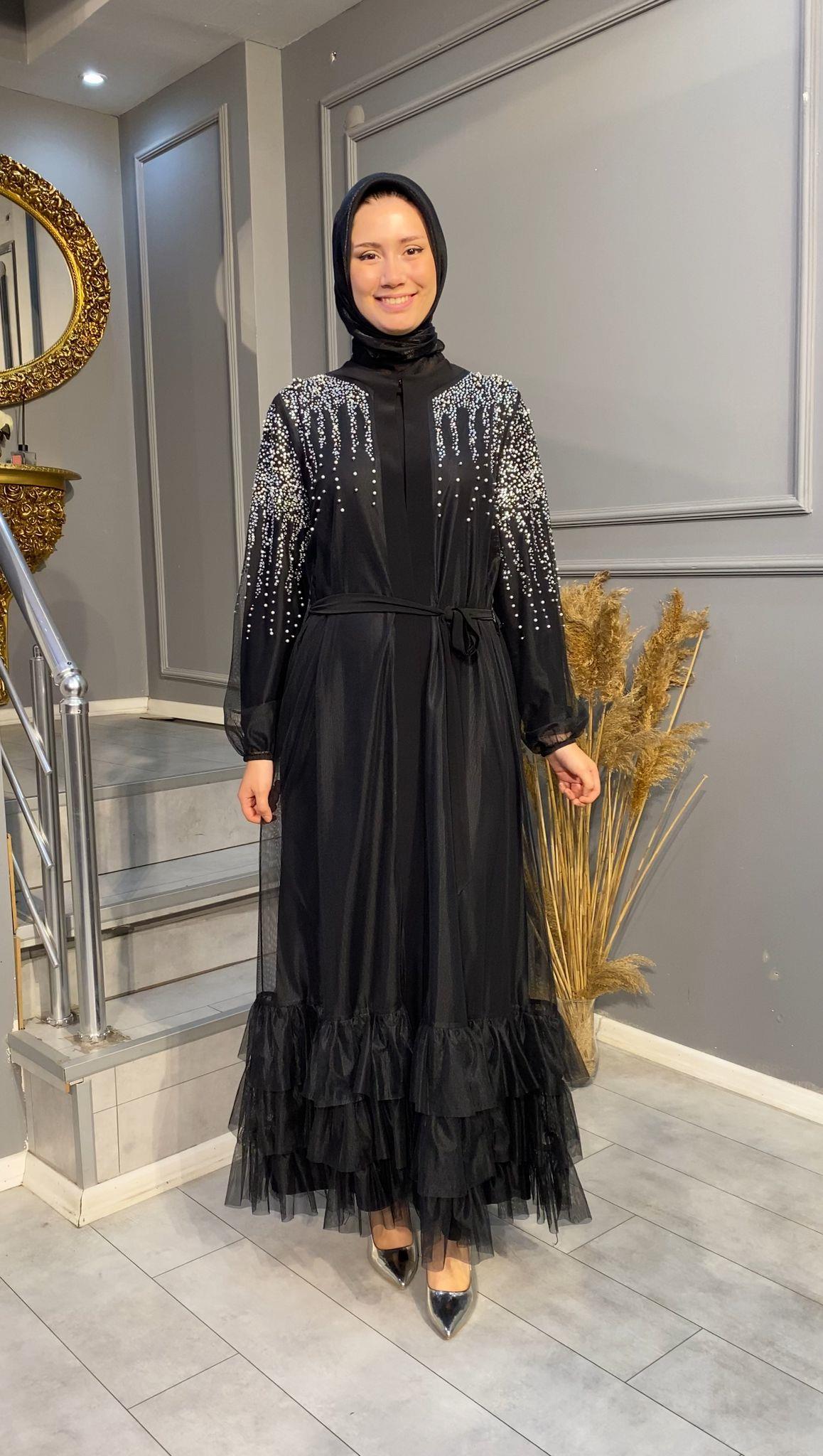 NEVON 3191 TAŞ İŞLEMELİ TÜL ABAYA TAKIM 