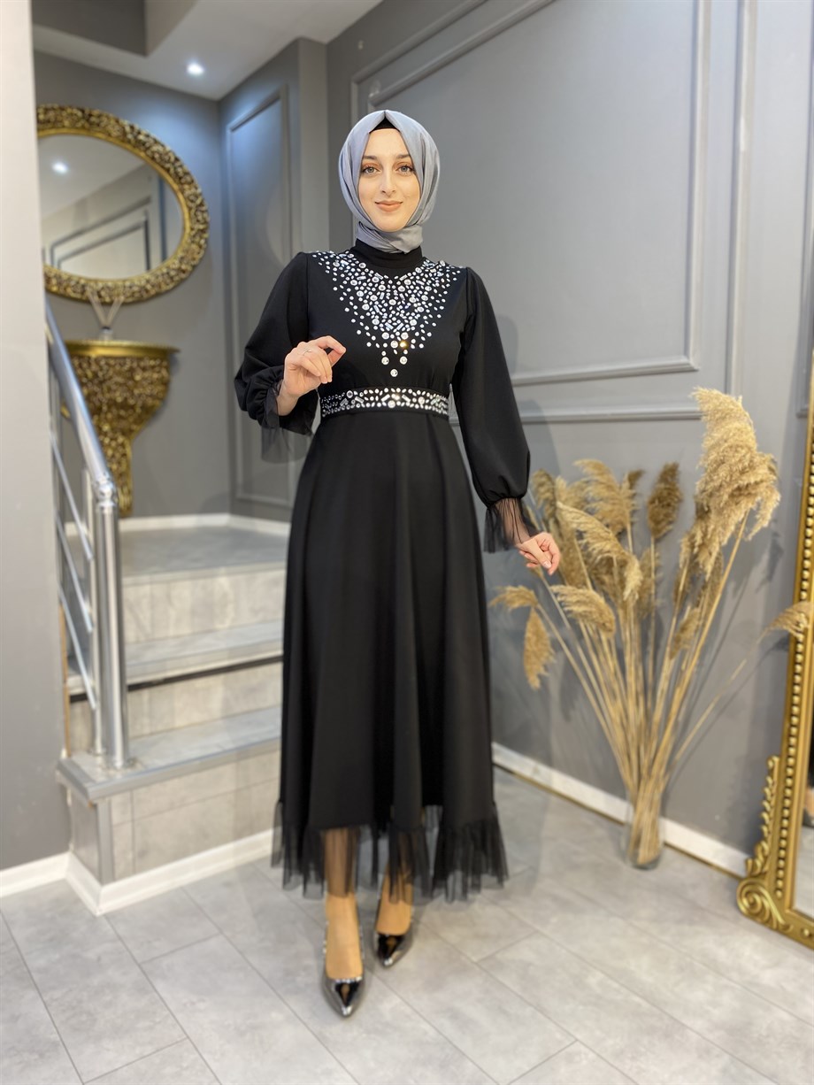 NEVON 4136 İşlemeli ve Tül Detaylı Abiye