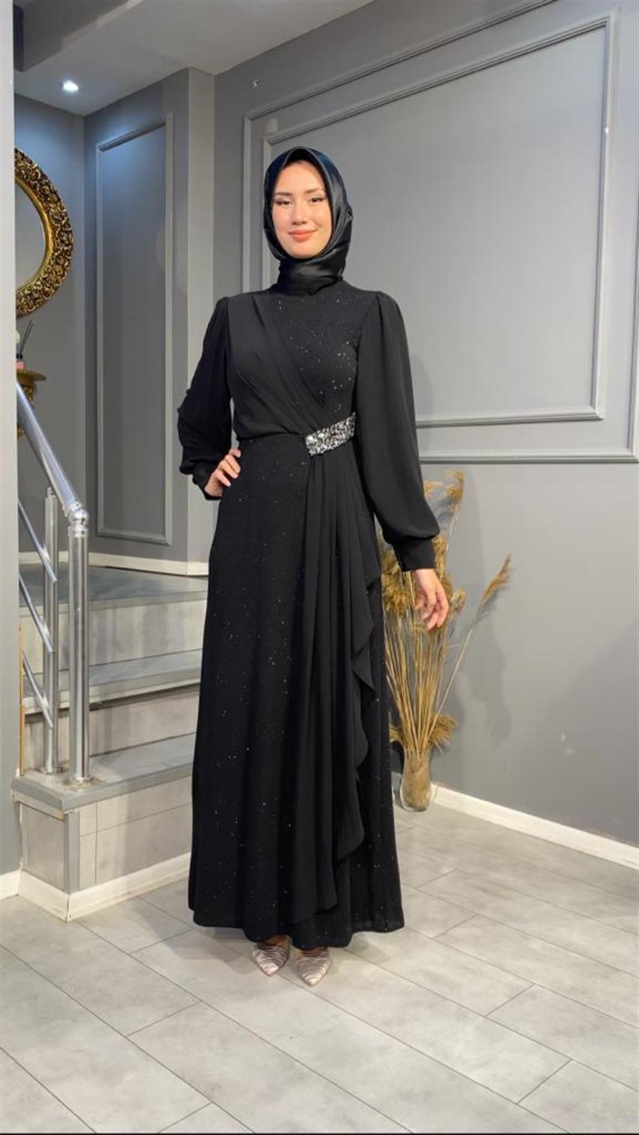 NEVON 4438 ŞİFON VE TAŞ İŞLEME DETAYLI SİMLİ ABİYE 
