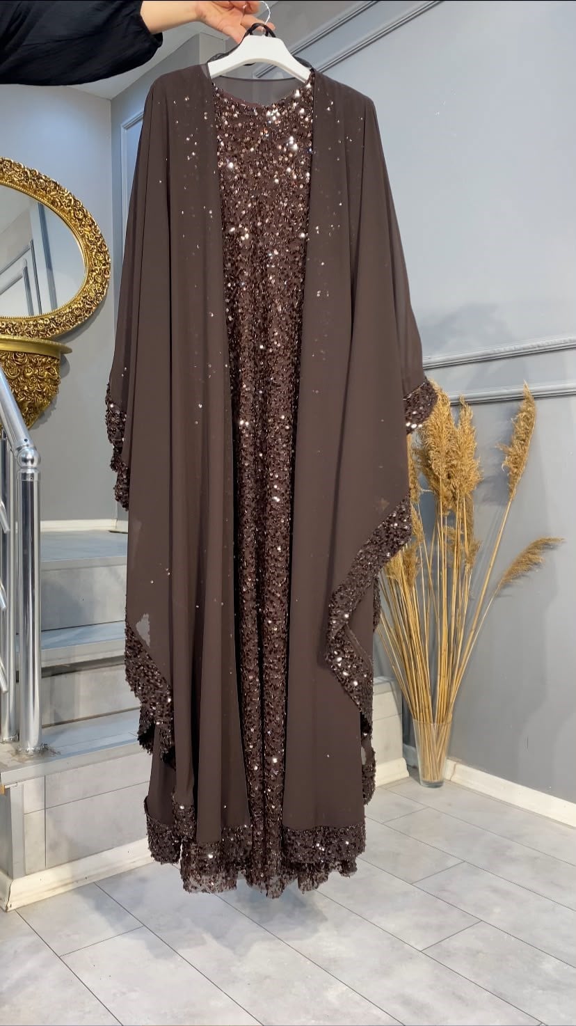 NEVON 5009 İÇİ KOMPLE PUL PAYET İŞLEME DETAYLI DIŞI ŞİFONLU 2'Lİ ABAYA TAKIM