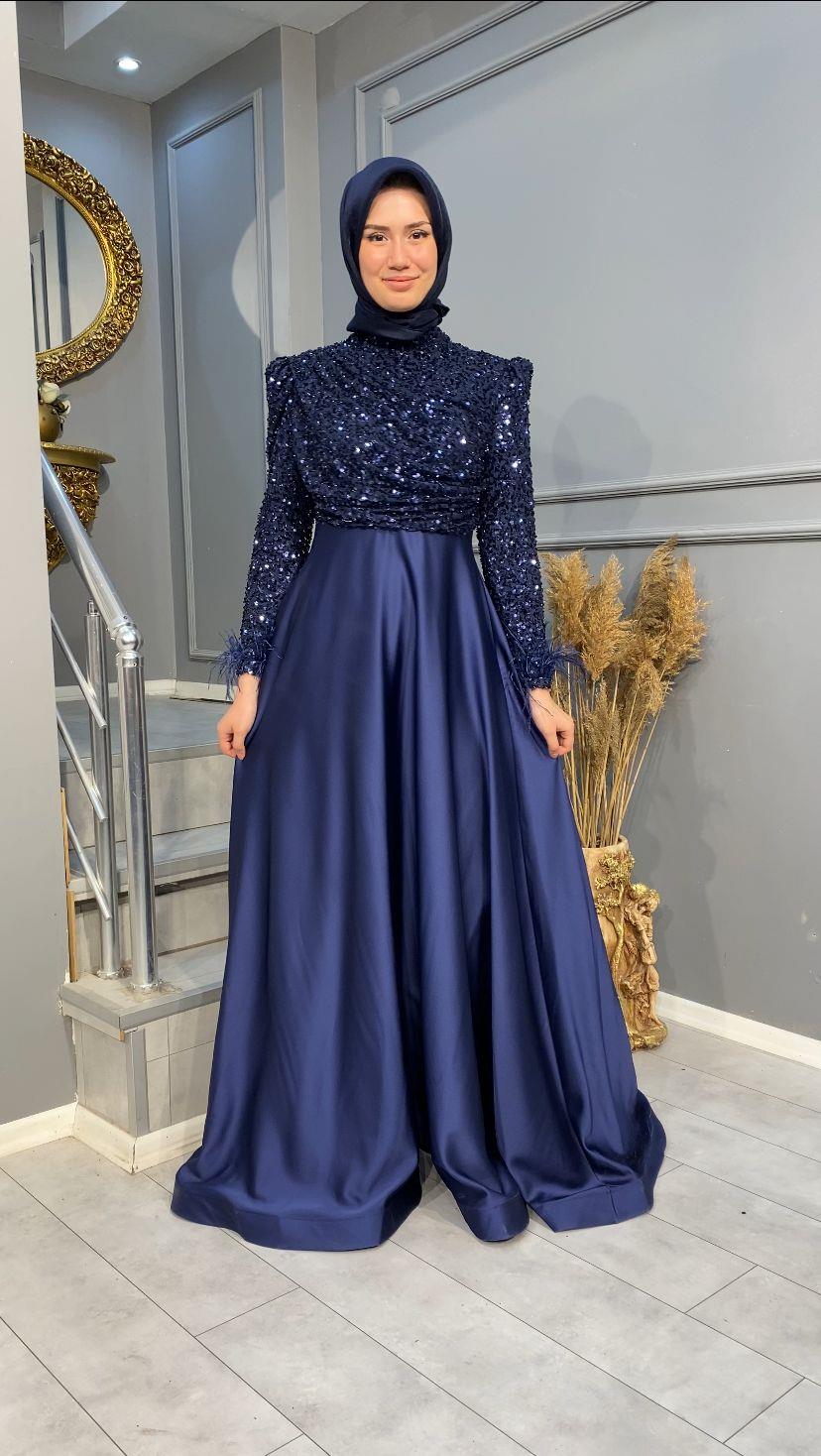 NEVON 528 ÜSTÜ PUL İŞLEME VE DRAPE DETAYLI ALTI SATEN ABİYE
