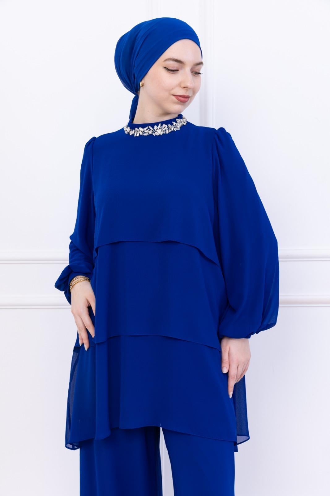 NEVON 9338 TAŞ İŞLEMELİ KAT KAT ŞİFON PANTOLON TAKIM 