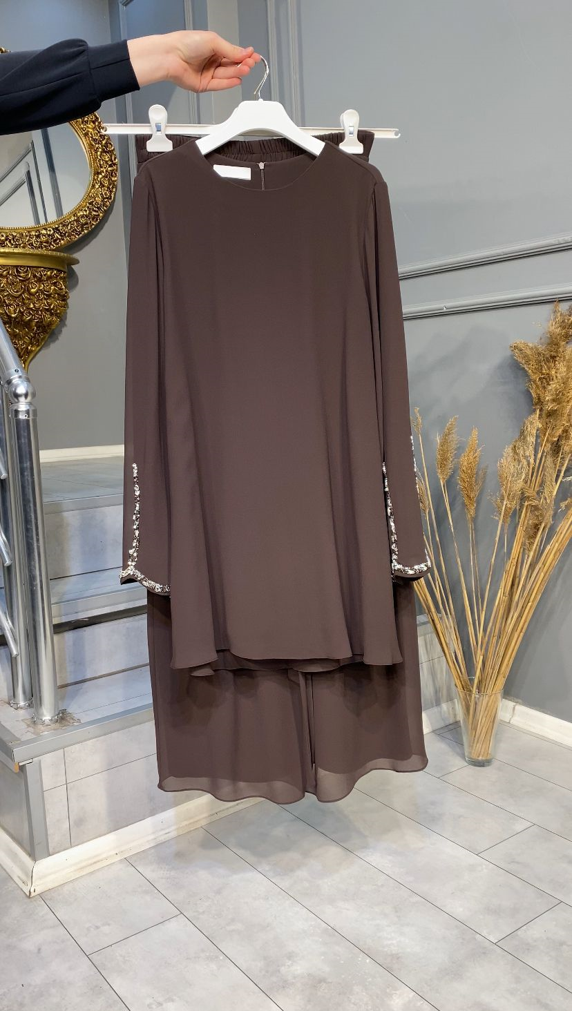 NEVON 9360 KOLLARI TAŞ İŞLEME DETAYLI ŞİFON PANTOLON TAKIM