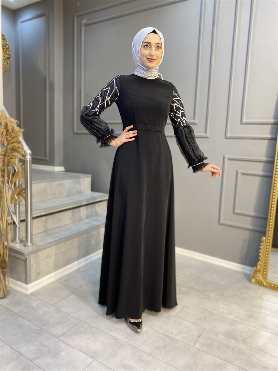 ZÜHRE 201967  Taş Detay Balon Kol Abiye Elbise 