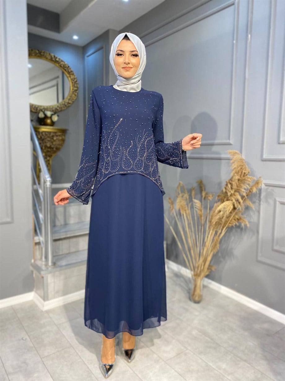  NEVON 6245 ÖZEL TASARIM TAŞ İŞLEME DETAYLI ÖNÜ ŞİFON ABİYE 