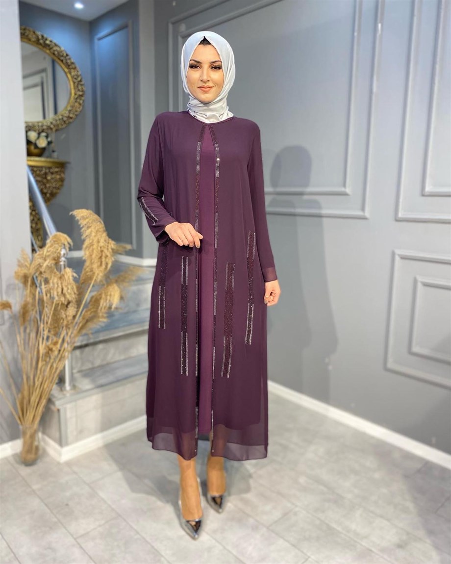 6232 ÖZEL TASARIM TAŞ İŞLEME DETAYLI ŞİFON ABİYE 