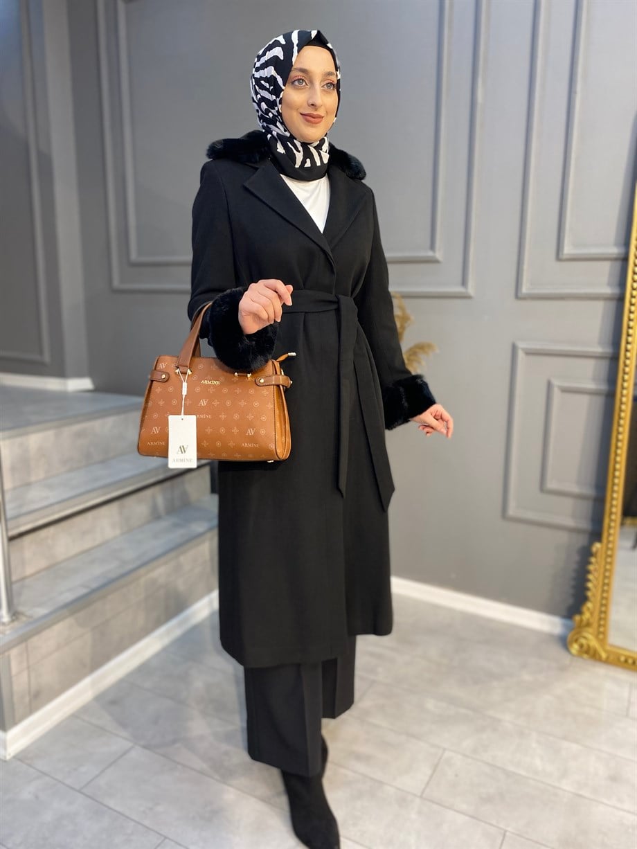 Armine 20KT824  Kürk Detaylı Kışlık Kaşe Kaban 