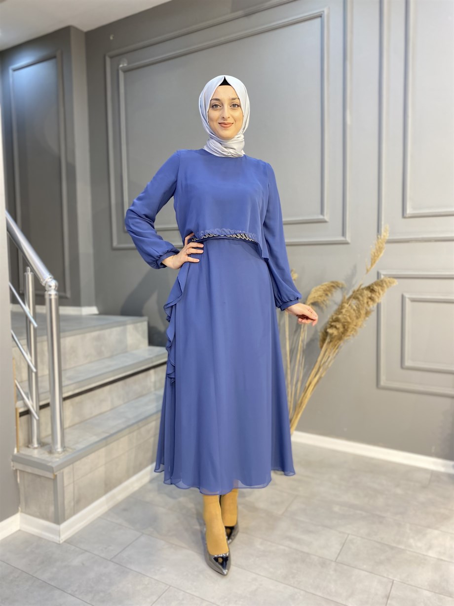 NEVON 21Y-3042 Taş İşleme Kemerli ve Fırfır Detaylı Elbise