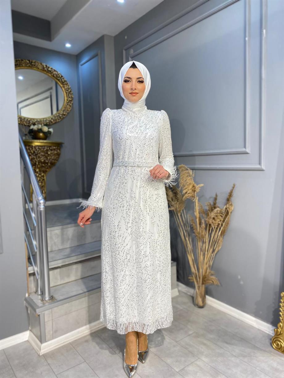 NEVON 23141 TAMAMEN SİM BASKI KOLLARI TÜY DETAYLI LÜKS ABİYE