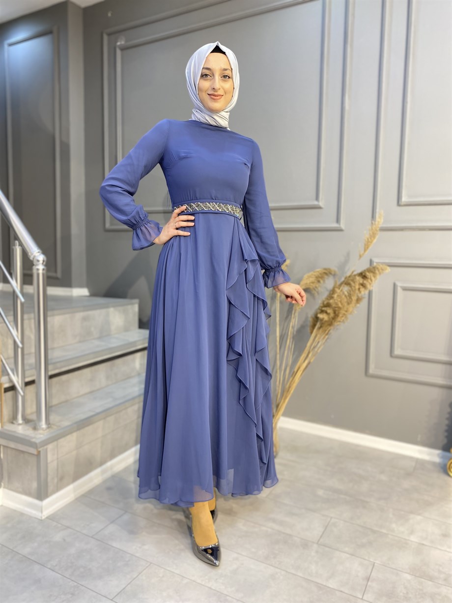 Nevon 3047 Taş İşleme Kemerli ve Fırfır Detaylı Abiye