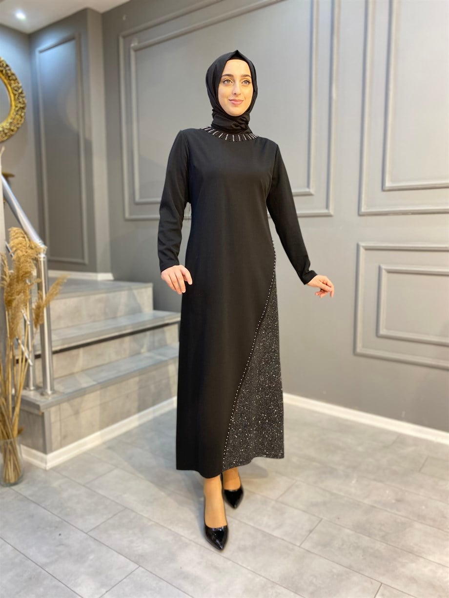 NEVON 3108 Yakası Boncuk İşlemeli Simli Kapalı Yırtmaç Abiye Elbise