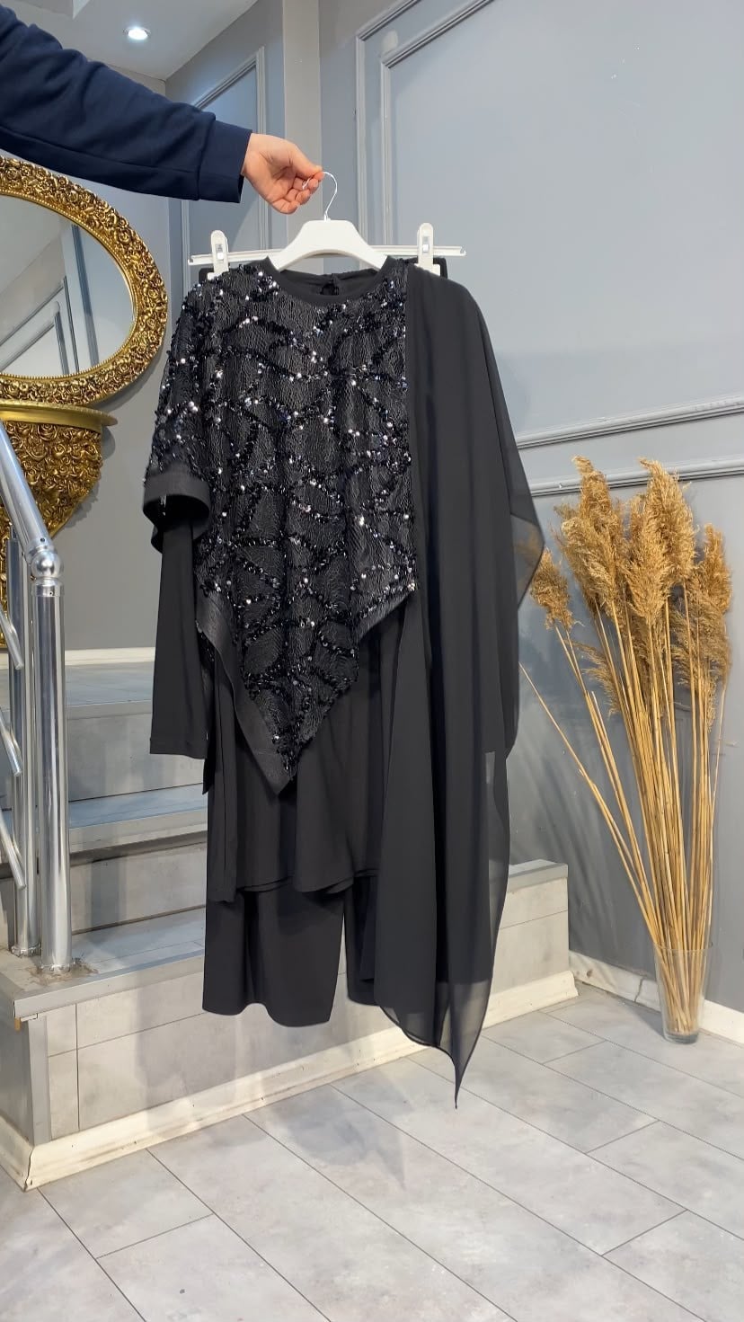 NEVON 3313 ÖNÜ PUL DETAYLI ŞİFONLU ASİMETRİK KESİM PANTOLON TAKIM