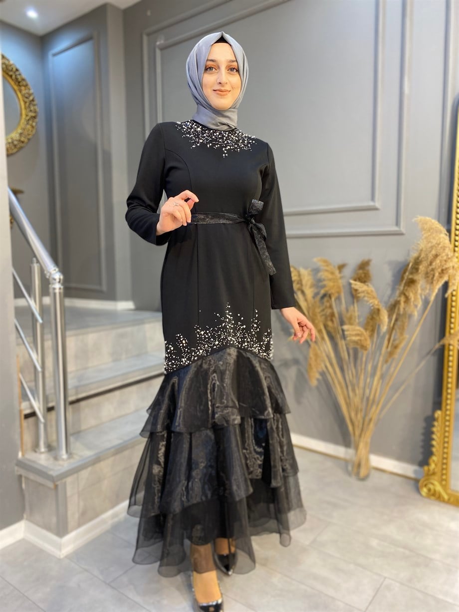 NEVON  4144 İşlemeli ve Organze Detaylı Abiye Elbise