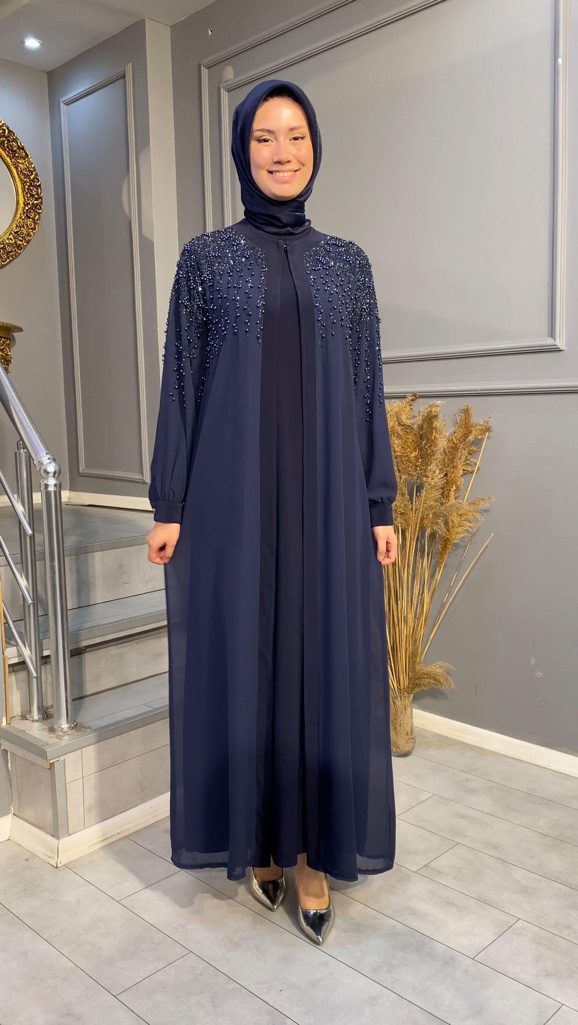 NEVON 4242 TAŞ İŞLEME DETAYLI ŞİFON ABAYA TAKIM 