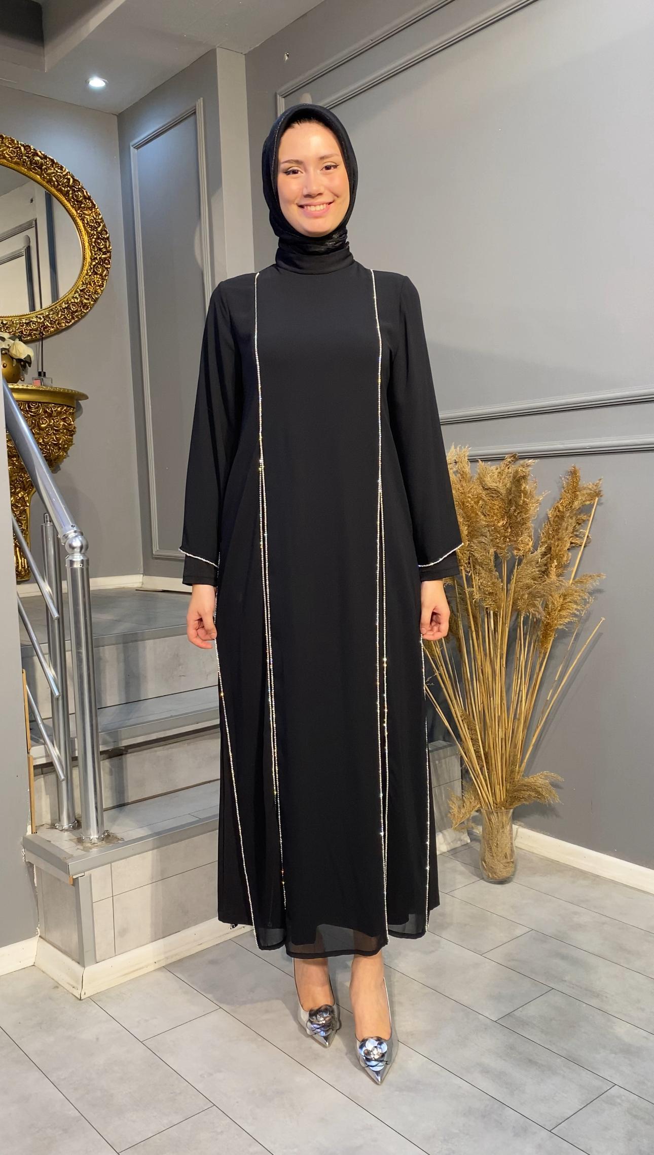 NEVON 4337 ŞİFON KAPALI YIRTMAÇ TAŞ DETAYLI ELBİSE MODELİMİZ