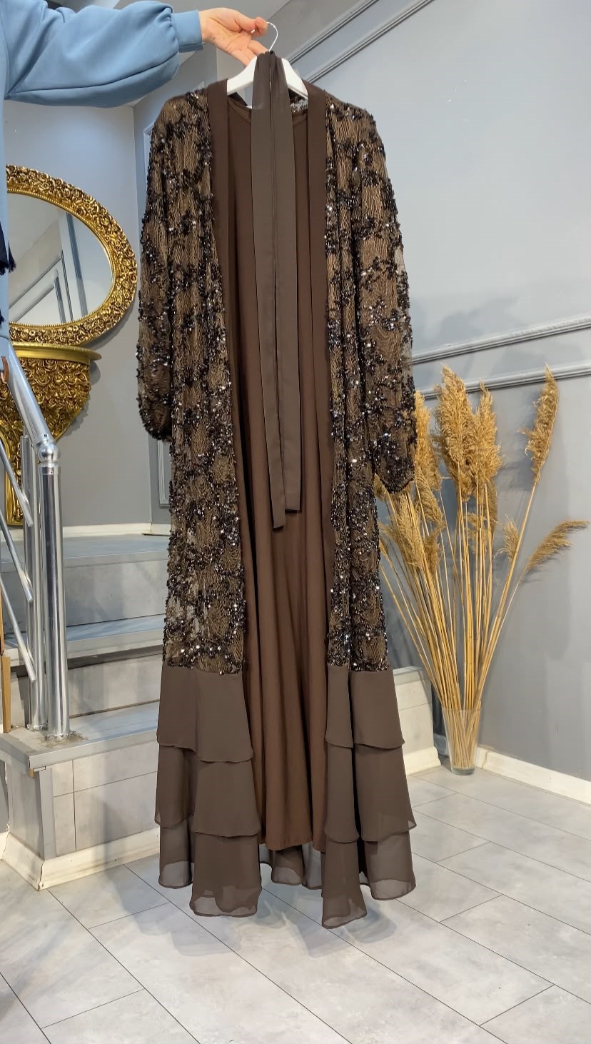 NEVON 4767 ALTI ŞİFON DETAYLI PULPAYET İŞLEMELİ ABAYA TAKIM